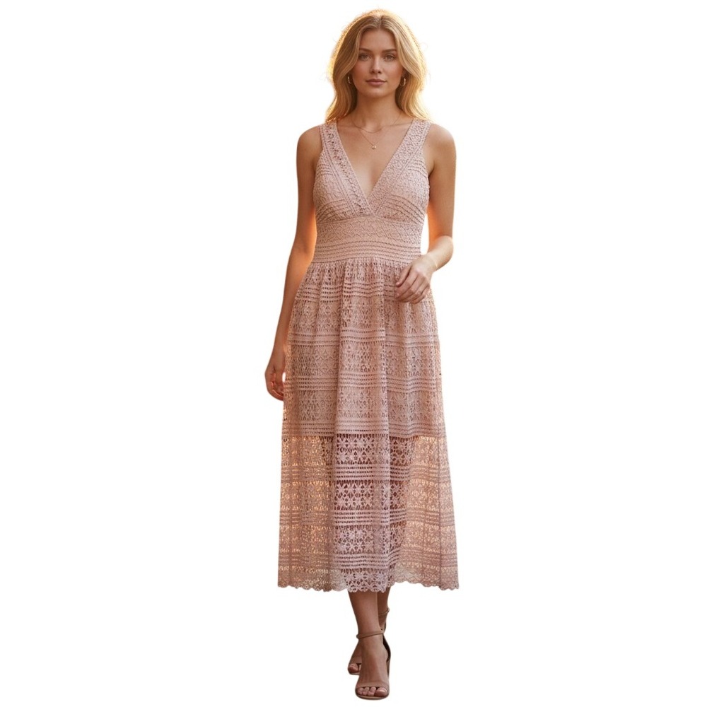 True Decadence Mauve Pink Floral Crochet Lace‎ V-Neck Midi Dress Womens Size XS